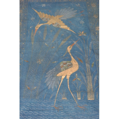 225 - A vintage painted linen cloth featuring oriental inspired crane design with floral border. Approx. d... 