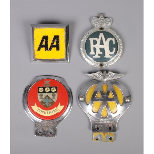 95 - A collection of four car badges including AA, RAC and Yorkshire badges