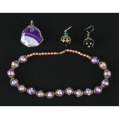 290 - Murano glass bead necklace with costume earrings and synthetic blue john pendant