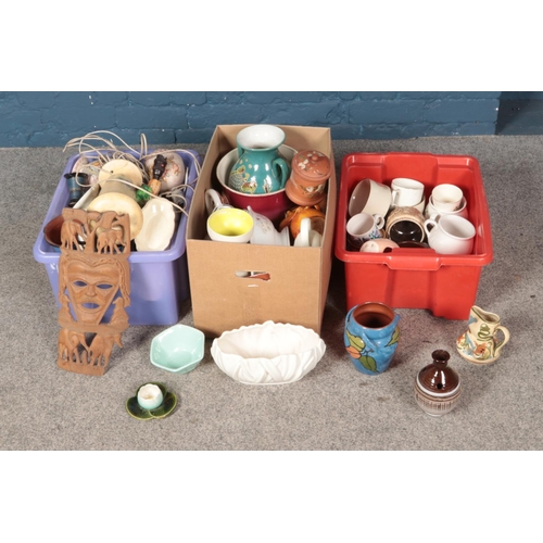 182 - Three boxes of miscellaneous ceramics including lamps, studio pottery, vases, etc.