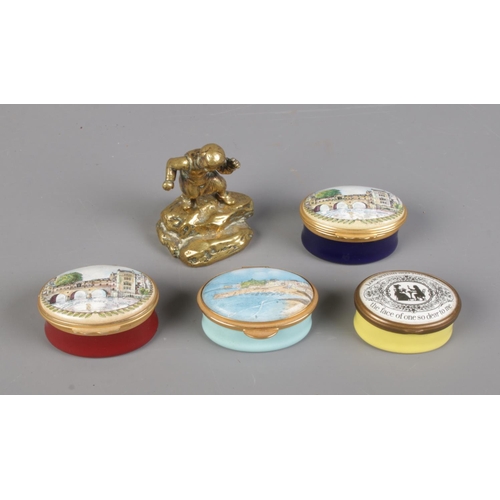 62 - Four trinket boxes including two Halcyon Days examples along with miniature brass figure.