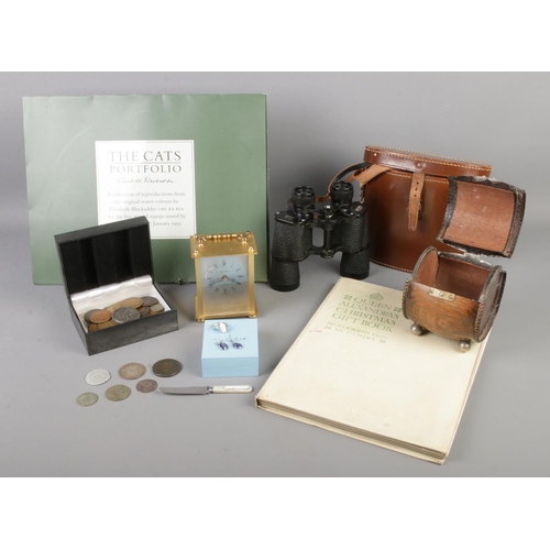 101 - A collection of assorted items, to include quartz carriage clock, cased set of Aquilus binoculars, b... 