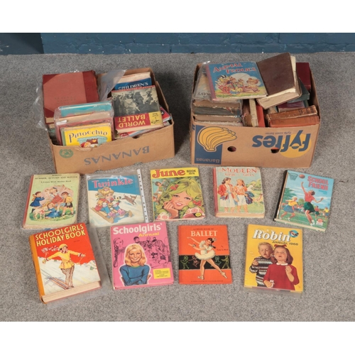 482 - Two boxes of mostly girls books and annuals including Robin, Schoolgirls annual, child's book of bal... 