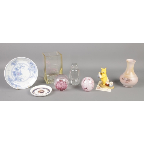 110 - A small collection of assorted items, to include three Adrian Sankey glass paperweights and a Royal ... 