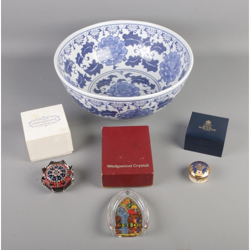 144 - A Wedgwood paper weight along with Strathearn paper weight, Royal Worcester pill box and large blue ... 