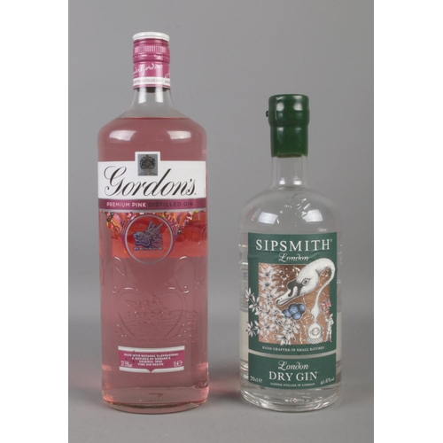 154 - Two bottles of full and sealed gin; Sipsmith London Dry Gin (70cl) and Gordon's Premium Pink Gin (1L... 