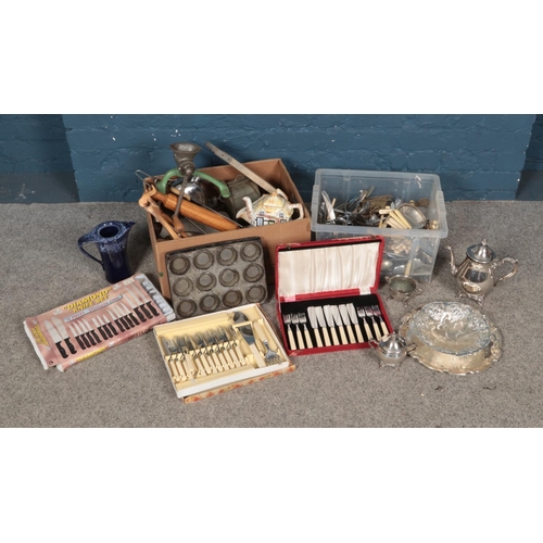 161 - Two boxes of mixed Kitchenalia and other items. To include silver plate items and quantity of cutler... 