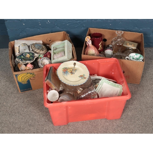 163 - Three boxes of assorted ceramics and glassware including glass decanters, A Royal Occasion gift set,... 