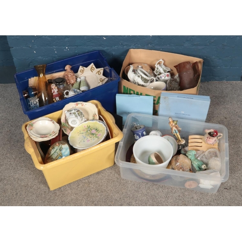 164 - Four boxes of assortd collectables mostly ceramics and glassware. Including Wedgwood items, Royal St... 