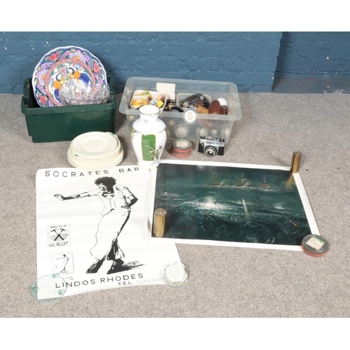 180 - Two boxes of miscellaneous to include photography films and reels, Grindley plates, studio pottery, ... 