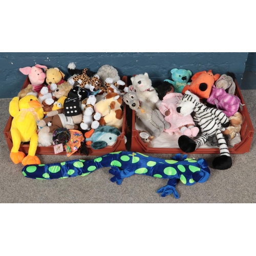 196 - Two large crates of soft toys. Includes Disney examples, etc.