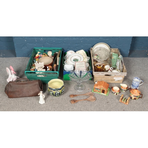 206 - Three boxes of miscellaneous. Includes Beswick cottageware, glass pedestal bowl, leather bag, carved... 