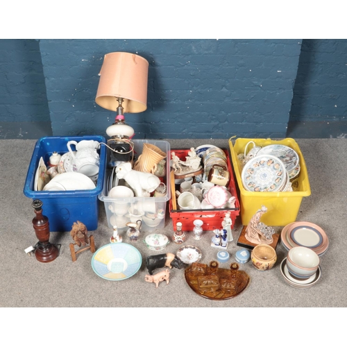 211 - Four boxes of miscellaneous. Includes Border Fine Arts pigs, Doulton Burslem ewer, Falconware, table... 