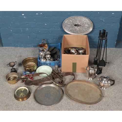 213 - Two boxes of metalwares. Includes companion set, horse brasses, teawares, trays, pan, etc.