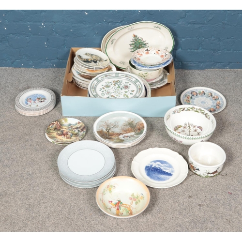 217 - Two boxes of mostly cabinet plates. Includes Spode, Sampsonite Churchill, Wedgwood, Noritake, Wood &... 