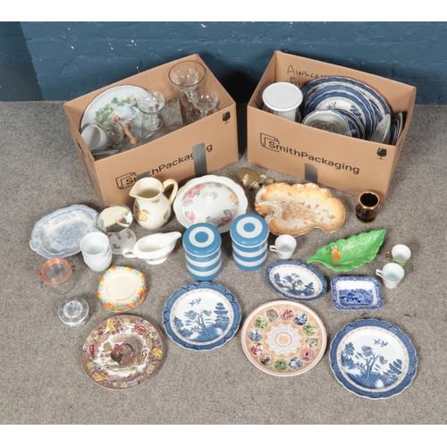 224 - Two boxes of mixed ceramics including some blue and white, various commemorative and collectable pla... 