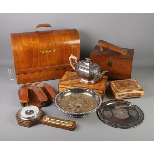 244 - A quantity of wooden and metal collectables including shoe shine box, music box, brush set, silver p... 