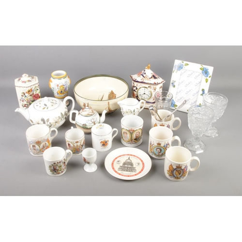 246 - A box of commemorative items including glassware, mugs and plates as well as other ceramics by Wedgw... 