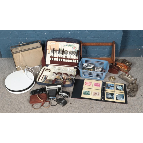 267 - A quantity of miscellaneous. Includes cameras, musical boxes, postcards, Grundig reel to reel, picni... 