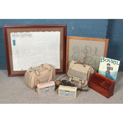 273 - A collection of miscellaneous. Includes framed indenture, oak fire screen/folding table with carved ... 
