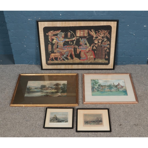293 - A framed tapestry on papyrus, depicting an Egyptian scene with archer shooting at wildfowl with Alfr... 