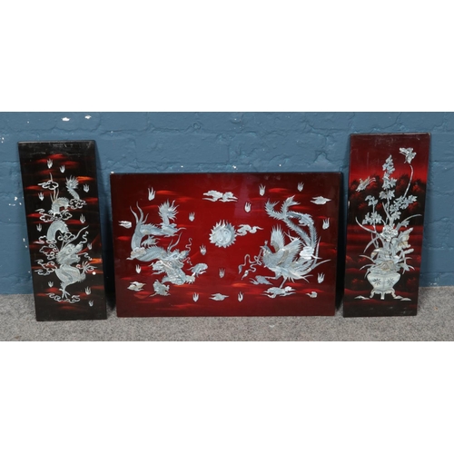 299 - Three oriental pictures. Depicting Qilin dragon, etc.