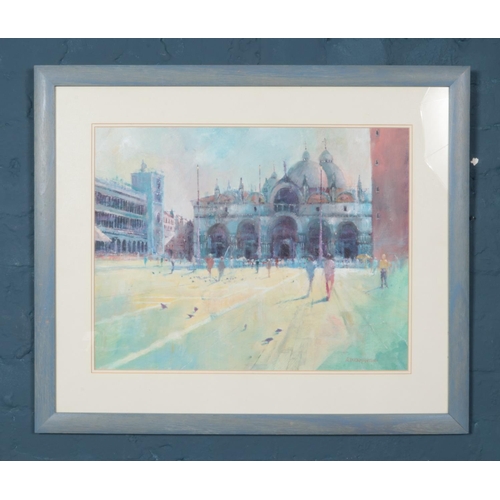 300 - Graham Duckmanton, a framed oil, continental landscape scene depicting St Mark's Basilica with figur... 