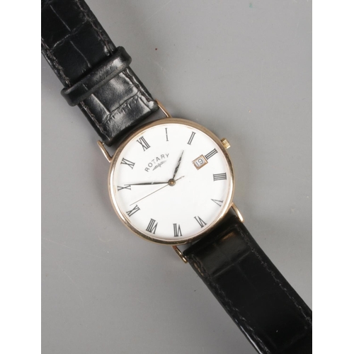 337 - A gents 9ct gold Rotary quartz wristwatch with leather strap.