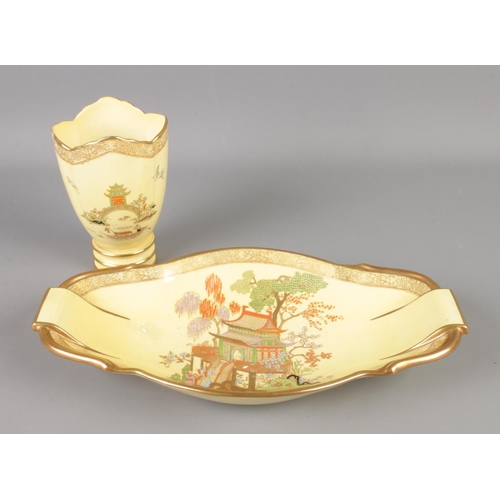 376 - A Carlton dish and vase decorated with yellow oriental style pattern.