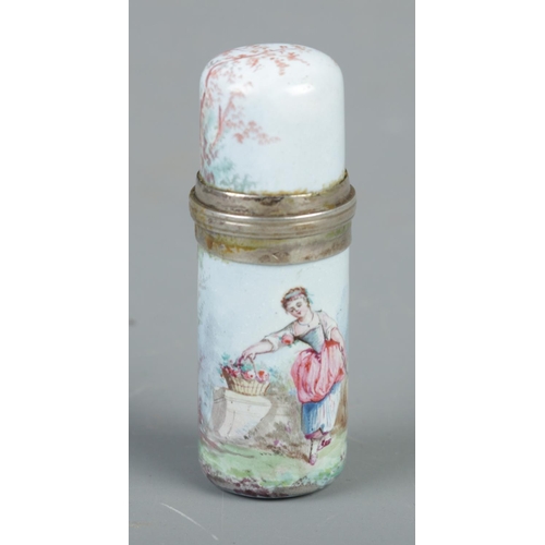 400 - A painted enamel scent bottle depicting a young maiden landscape scene. (5cm)