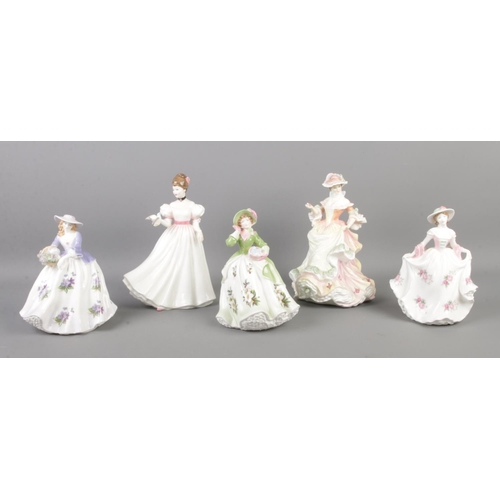 421 - Five ceramic figurines, to include a set of three Royal Worcester 'Sweet'; Sweet Holly, Sweet Rose a... 