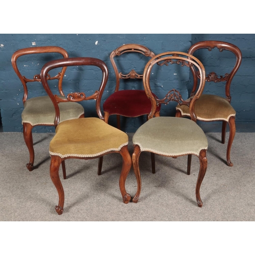 429 - Five Victorian carved chairs. Including rosewood, mahogany and walnut examples.