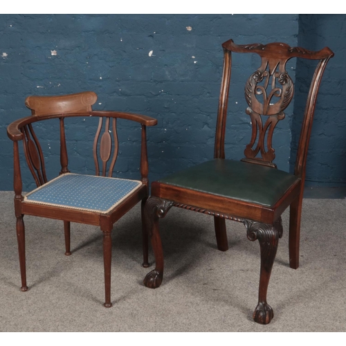 434 - A carved mahogany chair along with an Edwardian inlaid corner chair.