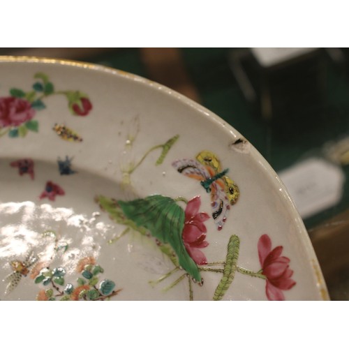 115 - A large hand painted Cantonese dish. Decorated with flower and insects. (36cm x 29cm)