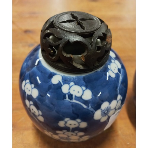 112 - Four Oriental blue & white ceramic ginger jars with Prunus Blossom decoration. Includes pair with wo... 