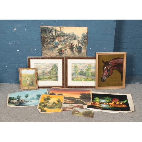 236 - A collection of paintings. Includes De Bude pair of watercolours, oils on board and canvas etc.