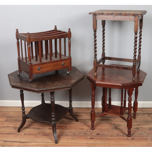 346 - Four pieces of furniture. Includes two Victorian window tables, Edwardian mahogany canterbury and a ... 