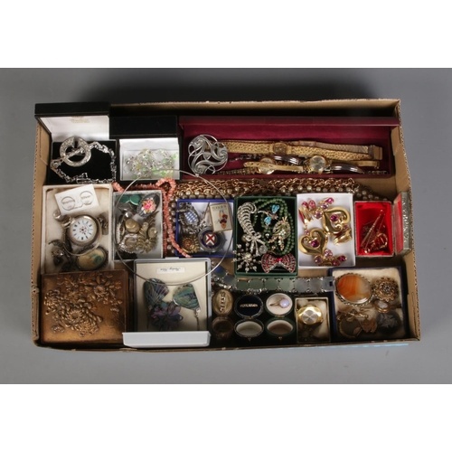 102 - A tray of vintage and modern costume jewellery to include silver J.G Graves ladies open face pocket ... 