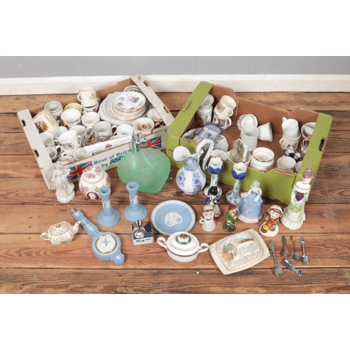 153 - Two boxes of mixed collectables including commemorative coffee mugs and tea cups, Various Wedgewood ... 