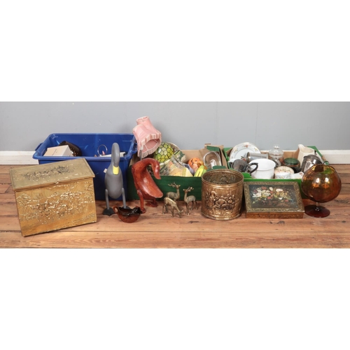 159 - Three boxes of miscellaneous. Includes brass log box, wooden ducks, animal figures, solar snail ligh... 