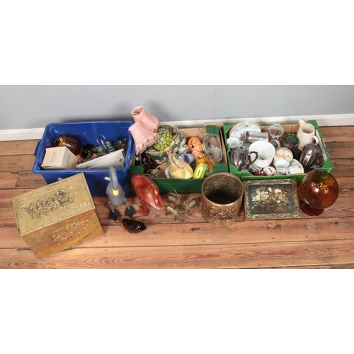 159 - Three boxes of miscellaneous. Includes brass log box, wooden ducks, animal figures, solar snail ligh... 