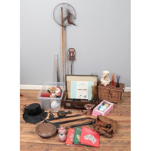 195 - A quantity of miscellaneous. Includes walking stick with country crest badges, horse reins, Chinese ... 