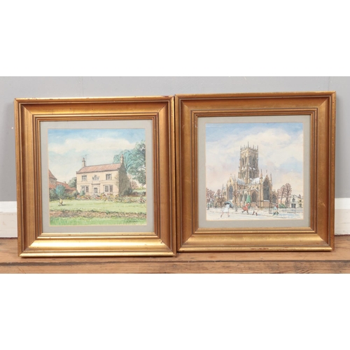 234 - H. Bletcher pair of gilt framed watercolours depicting winter church scene and countryside cottage s... 