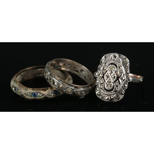 263 - Three vintage rings including 9ct gold marcasite eternity ring.