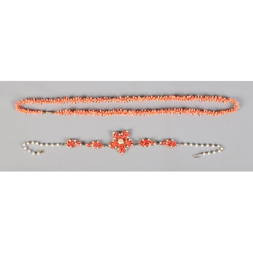 279 - Two coral necklaces including example formed as a flower and set with simulation pearls.