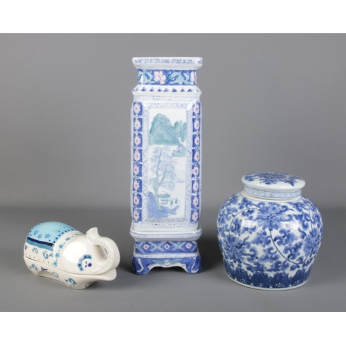 87 - A blue and white ginger jar with similar large vase and stand along with elephant shaped butter dish... 