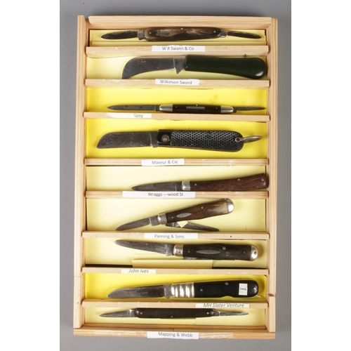 128 - Nine Sheffield penknives. Includes Swann, Wilkinson, Rodgers, Maxeur, Wraggs, Fleming, John Ives, HM... 