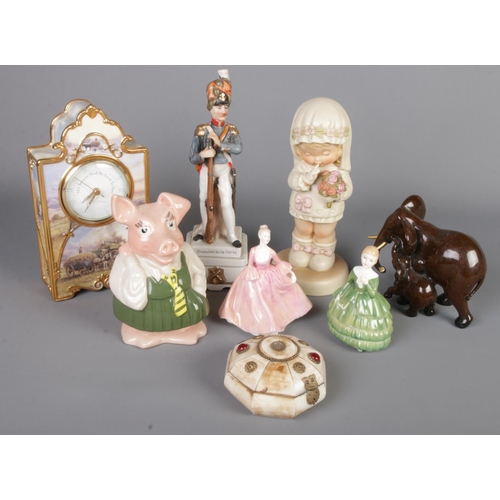 44 - A small collection of mostly ceramics. Includes Coalport figure, Royal Doulton figure, Wade pig, bon... 