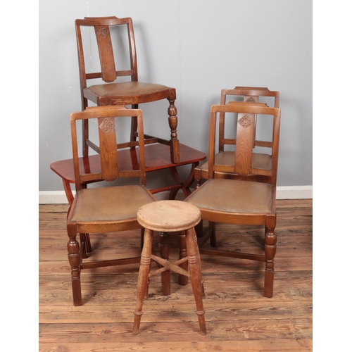 415 - A small collection of assorted furniture, to include a set of four carved oak chairs, yew wood coffe... 