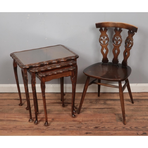 424 - An ercol Fleur-de-lys dining chair together with a nest of tables